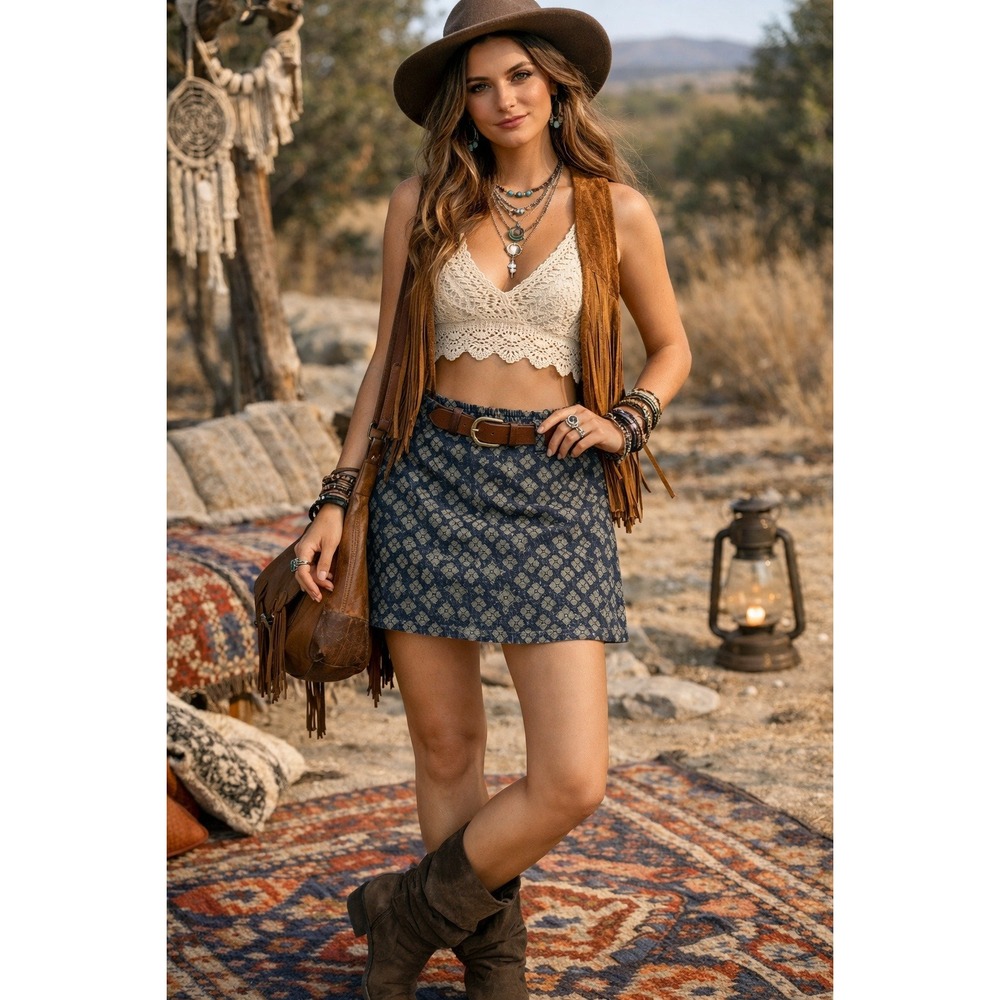 Free People Boho Mini Skirt Blue Printed Size 2 Indie Festival Retro Style Y2K